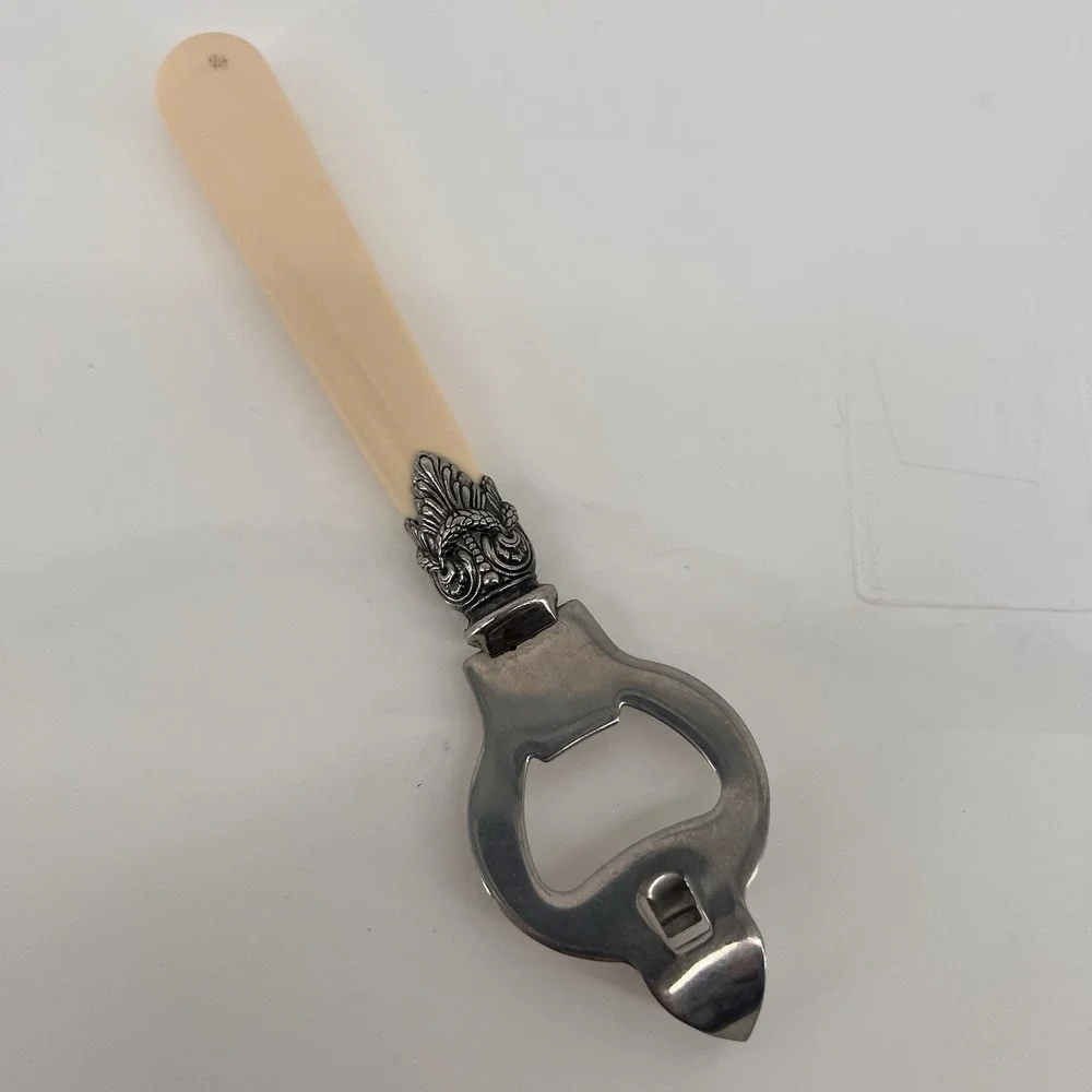 Vintage INOX 18/10 Bottle Opener‎ Ornate Metal Cream Handle Barware Bar